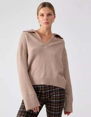 Sanctuary LARGE Taupe Minimalist Polo V-Neck Knit Johnny Collared Sweater NWT
